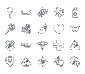 Medical care and covid 19 virus line style icon set vector design