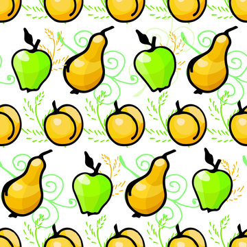 vector seamless background of pears, peaches and apples on color background, isolated images, Doodle, hand drawing