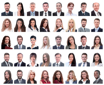 collage of portraits of successful employees isolated on white