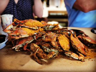 steamed Maryland blue crabs on a table