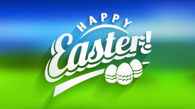 happy easter holiday card with white 3d lettering and three decorated toy eggs over green and blue background