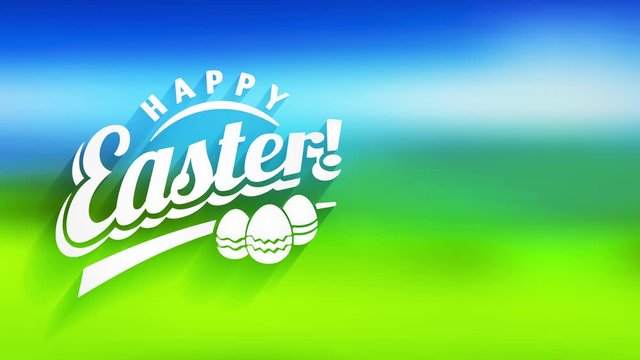 smiling easter vacation card with white 3d typing and trial garnished toy eggs over green and blue background