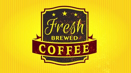 fresh brewed coffee wrapping pattern with old fashioned emblem on striking electric yellow paper texture background