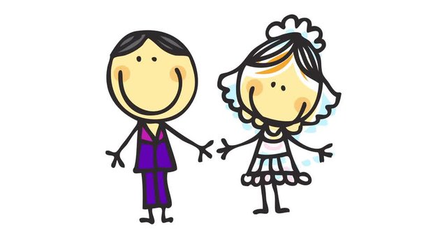 doodle of bride and groom wearing a cute little wedding dress and a purple suit posing for a picture smiling and celebrating a great love