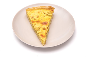 Slice of rhubarb pie in gray plate isolated on a white background