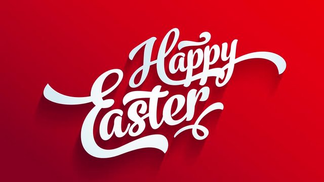 red happy easter greeting card for egg hunt party with calligraphy elements with 3d effect on brilliant background