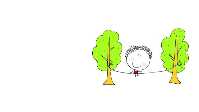 green trees composing a small scene on right side of screen with rope tied to each tree with girl practicing slack line and waving to the camera
