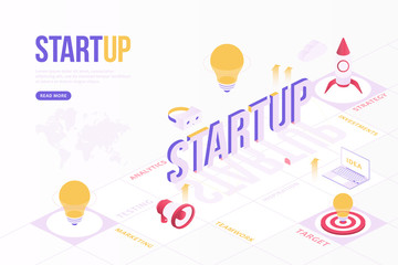 Startup web banner concept. Creative design template with Isometric objects and three dimensional text with world map. Target, idea, teamwork, marketing and more. Flat vector illustration EPS 10