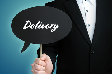 Delivery. Lawyer (Man) holds the sign of a speech bubble in his hand. Text on the label. Symbol of...