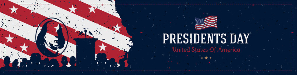 Happy Presidents Day of USA. Template design with a silhouette of people and podium for speaking on a background with texture and portrait of the president with USA flag. National American holiday.