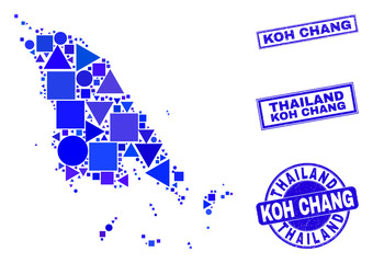 Vector mosaic Koh Chang map. Geographic collage in blue color tinges, and dirty round and rectangle stamp seals. Abstract mosaic of Koh Chang map designed of round, triangles,