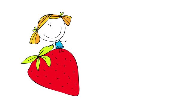 hand drawn little blondie girl harvesting the biggest strawberry from her orchard suggesting she takes care of the fruits providing nutrients and watering the seeds