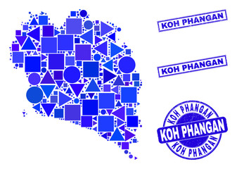 Vector mosaic Koh Phangan map. Geographic plan in blue color tinges, and scratched round and rectangle stamps. Abstract mosaic of Koh Phangan map combined of round, tringle, square geometric items.