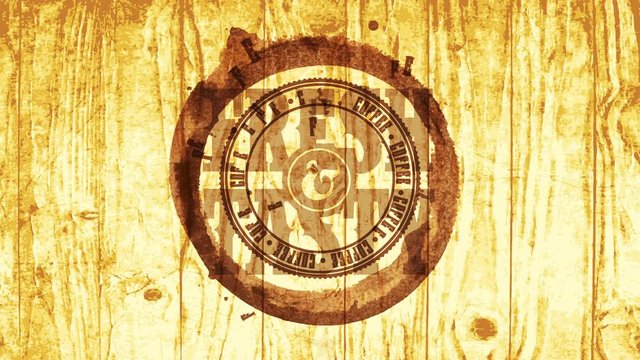 fresh and tasty coffee product with hipster style round wooden sign with cup stain graphic and wild west font