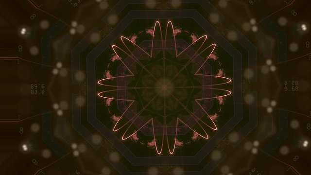 Abstract golden pattern actively generating new impulses from source of power and then giving shockwave effect isolated on black background,