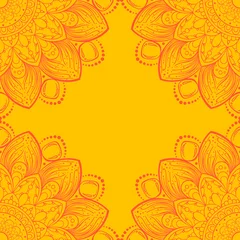Fototapeten orange color mandala outline corner illustration frame with copy space background.Beautiful traditional decorative mandala tile template. Use for websites,recipes announcements publication decor © Kristina Yu