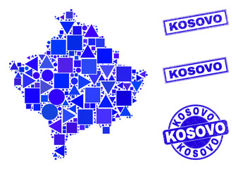 Vector mosaic Kosovo map. Geographic collage in blue color shades, and corroded round and rectangle stamps. Abstract composition of Kosovo map made of round, tringle, square geometric spots.