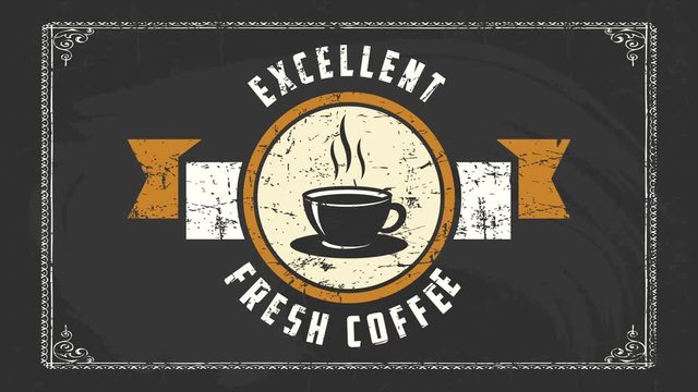excellent fresh americano coffee signboard represented with hot cup graphic on vintage texture icon over black chalkboard