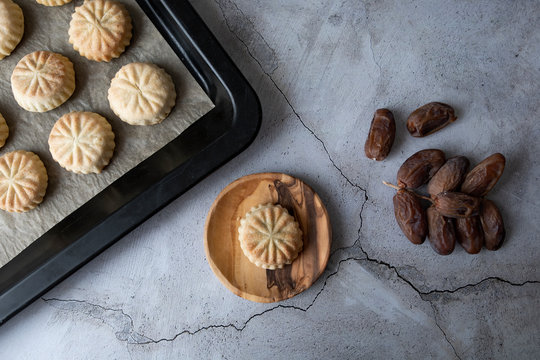 Top view Desserts Eid al-Fitr date mamool Cookies baked sweet Fabulous Kahk (Eid Cookies)