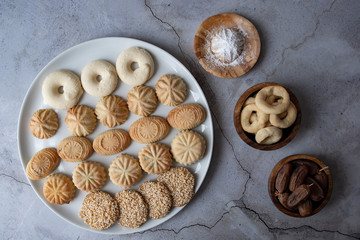 Top view ,Desserts Eid al-Fitr a different types of baked sweet Fabulous Kahk (Eid Cookies)