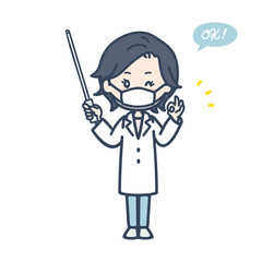 指示棒を持ってOKサインをする女性医師　マスク　ポーズ　イラスト