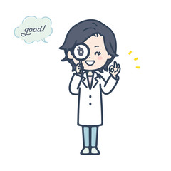 虫眼鏡を持ってOKサインをする女性医師　ポーズ　イラスト