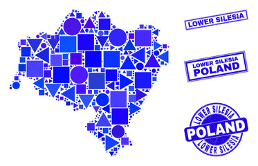 Vector mosaic Lower Silesia Province map. Geographic plan in blue color shades, and rubber round and rectangle seal stamps. Abstract mosaic of Lower Silesia Province map constructed of spheric,