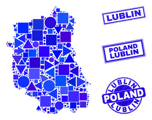 Vector mosaic Lublin Voivodeship map. Geographic collage in blue color tints, and scratched round and rectangle seal stamps. Abstract mosaic of Lublin Voivodeship map composed of round, tringle,