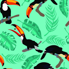 Seamless pattern of toucans in the rainforest. Exotic tropics print for design t-shirts, wallpaper in nursery. 
Vector stock illustration in turquoise, black and orange colors.