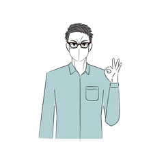 マスクをして指で丸をつくって微笑む男性