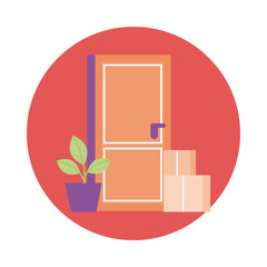 boxes and houseplant in door delivery service block style