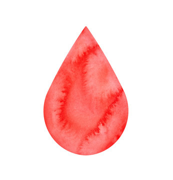 Water color illustration of bright red blood drop with artistic stains, brushstrokes, marks. Hand painted watercolour drawing on white backdrop, cutout element for creative design, banner, background.