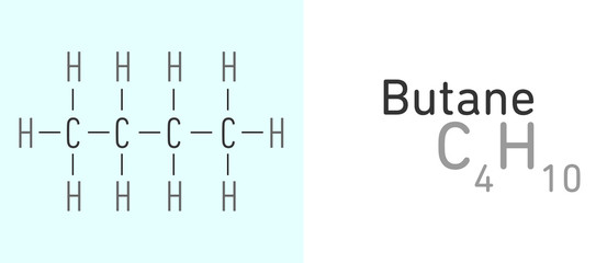 Butane (C4H10) gas molecule.Stick model. Structural Chemical Formula. Chemistry Education