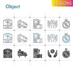 object icon set. included shirt, money, discount, delivery truck, stopwatch icons on white background. linear, bicolor, filled styles.