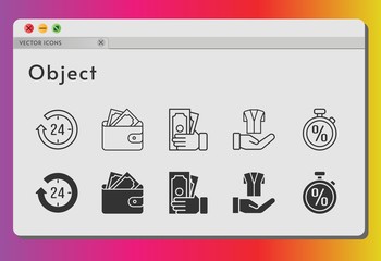object icon set. included 24-hours, wallet, money, jacket, stopwatch icons on white background. linear, filled styles.