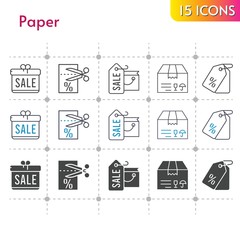 paper icon set. included gift, shopping bag, package, voucher, price tag icons on white background. linear, bicolor, filled styles.