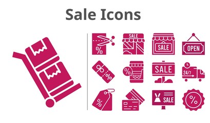 sale icons set. included online shop, sale, shop, voucher, price tag, discount, credit card, delivery truck, open, trolley icons. filled styles.