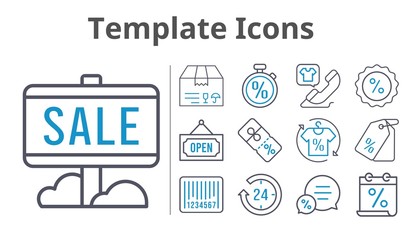 template icons set. included calendar, 24-hours, sale, package, shirt, chat, price tag, phone call, discount, barcode, stopwatch, open icons. bicolor styles.