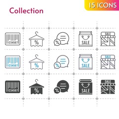 collection icon set. included shopping bag, shop, towel, chat, barcode icons on white background. linear, bicolor, filled styles.
