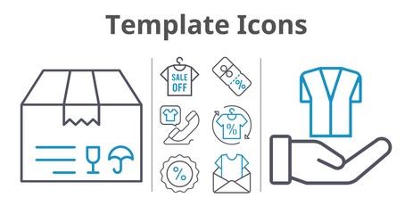 template icons set. included newsletter, package, shirt, phone call, discount, jacket icons. bicolor styles.