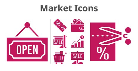 market icons set. included profits, sale, wallet, voucher, shopping cart, discount, open icons. filled styles.
