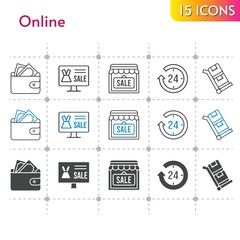 online icon set. included online shop, 24-hours, wallet, shop, trolley icons on white background. linear, bicolor, filled styles.