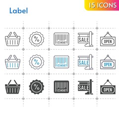 label icon set. included sale, discount, shopping-basket, barcode, shopping basket, open icons on white background. linear, bicolor, filled styles.