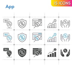 app icon set. included online shop, profits, warranty, discount, placeholder icons on white background. linear, bicolor, filled styles.