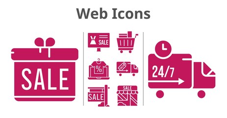 web icons set. included gift, online shop, sale, shop, shopping cart, delivery truck icons. filled styles.