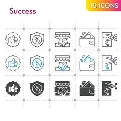 success icon set. included handshake, wallet, like, voucher, warranty icons on white background. linear, bicolor, filled styles.