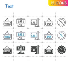 text icon set. included sale, closed, discount, open icons on white background. linear, bicolor, filled styles.