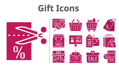 gift icons set. included gift, online shop, shopping bag, shop, voucher, price tag, shopping cart, shopping-basket icons. filled styles.