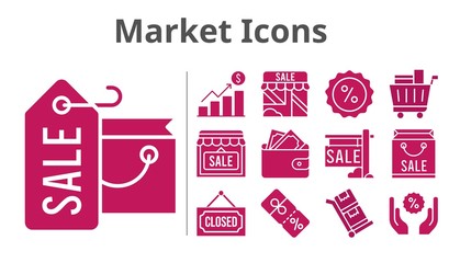 market icons set. included shopping bag, profits, sale, shop, wallet, shopping cart, discount, closed, trolley icons. filled styles.