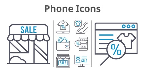 phone icons set. included online shop, shop, wallet, phone call icons. bicolor styles.